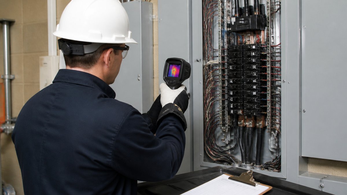 Electrician using a thermal camera on an electrical panel to ensure EEE compliance in a utility room.