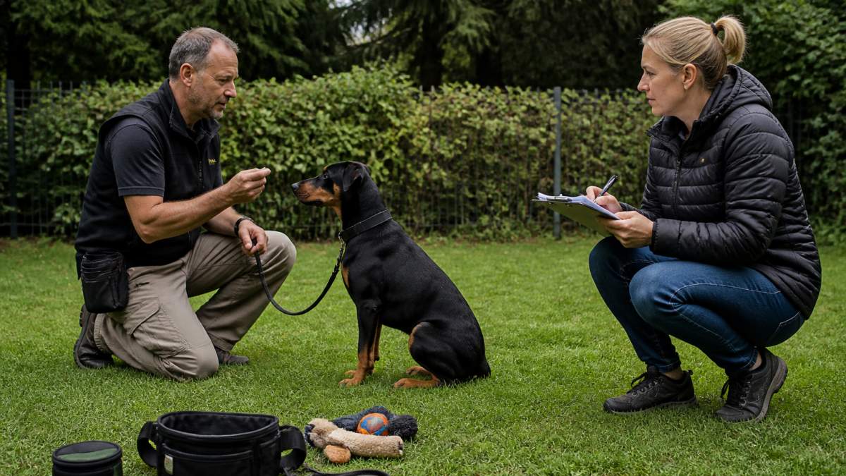 Professional dog trainer working with a leashed dog while the owner observes, helping you evaluate dog training cost.