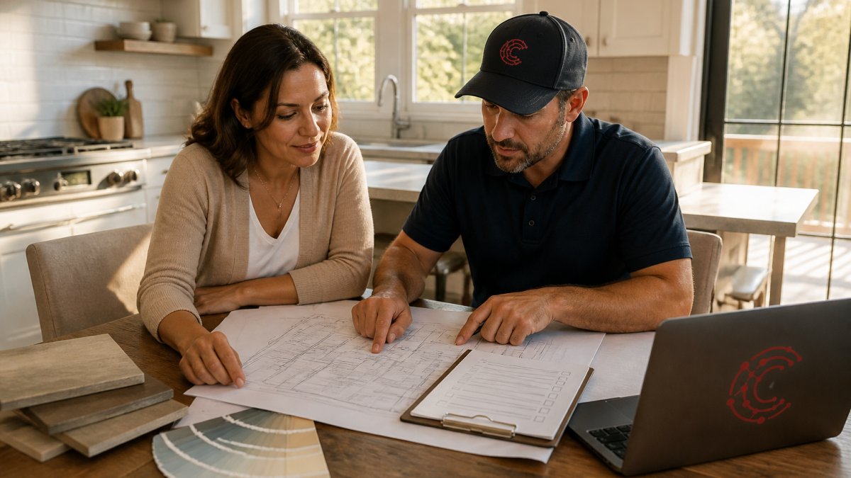 A homeowner and contractor reviewing blueprints and a checklist at a kitchen table with paint samples and a laptop nearby, warm afternoon light