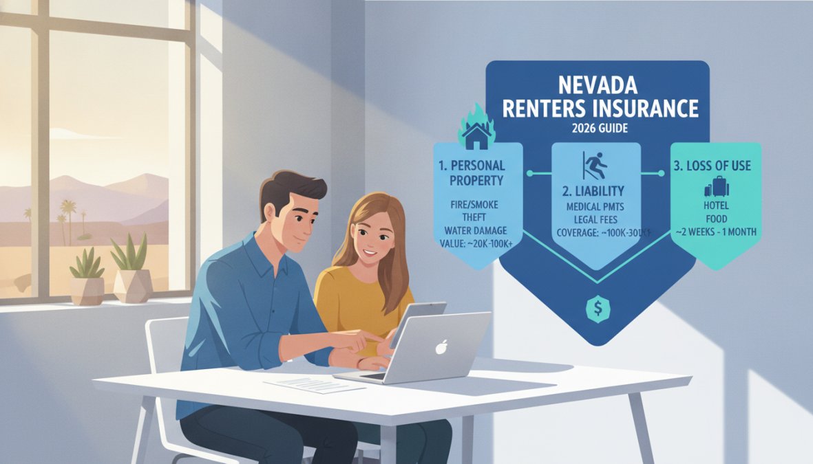 A young couple sitting at a kitchen table in a modern Nevada apartment, reviewing insurance documents together with a laptop open in front of them, warm natural lighting