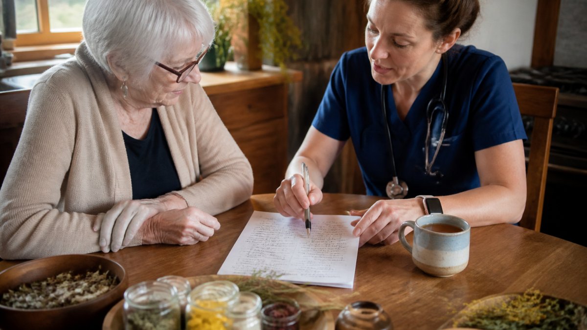 A registered nurse in scrubs sitting at a kitchen table with an older adult, reviewing a handwritten herbal remedy plan and a cup of tea, warm natural light
