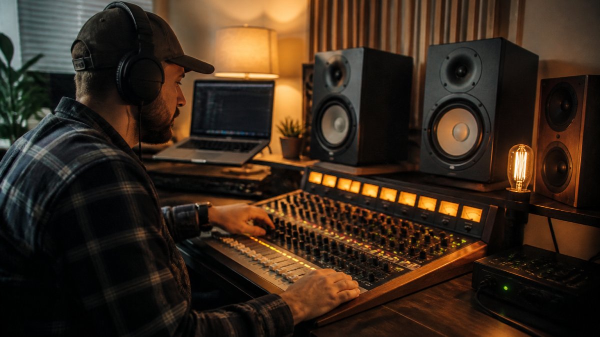 Music producer at a home studio desk illustrating the song mixing process with a multitrack session on a laptop