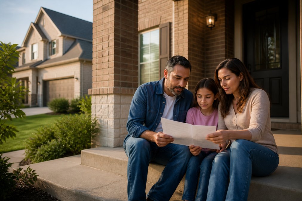 A family standing on the front porch of their suburban Texas brick home, reviewing insurance documents together in warm afternoon light