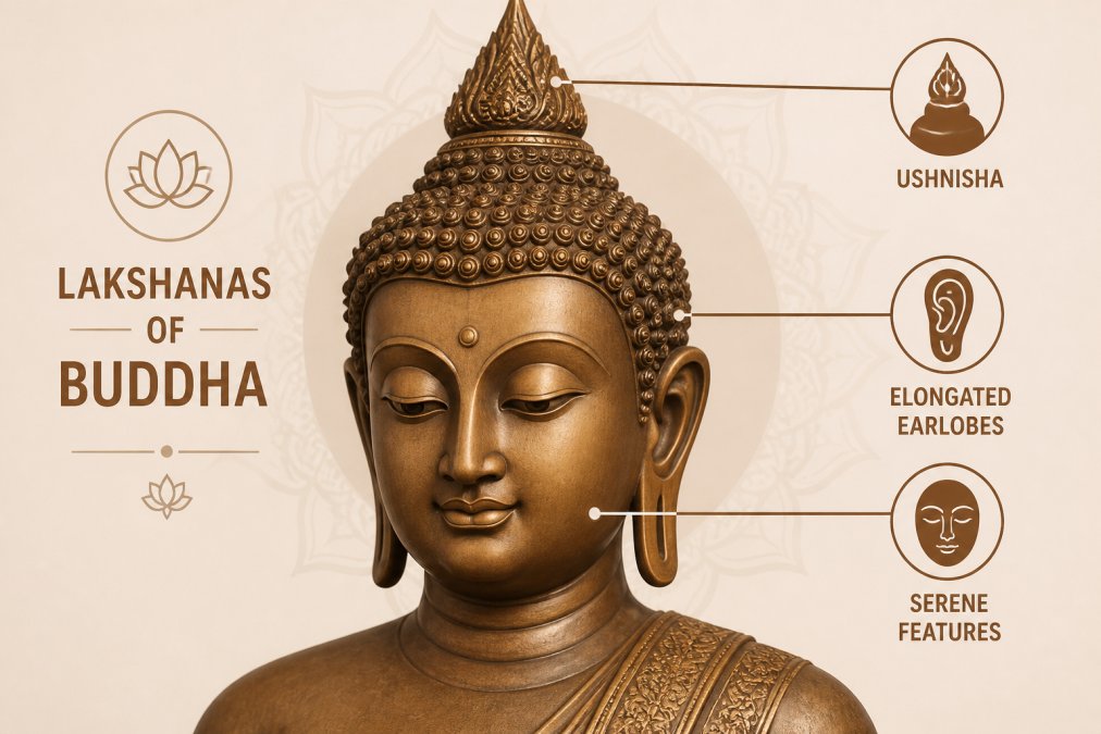 Close-up detail of an ornate Buddha statue showing the elevated ushnisha crown with serene facial expression and elongated earlobes in soft natural lighting