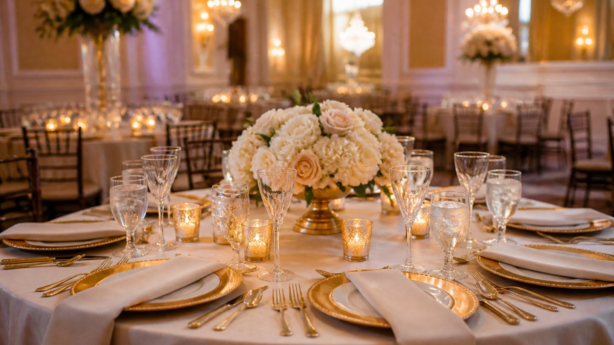 Elegant wedding reception table at an indoor venue with a low floral centerpiece, votive candles, gold chargers, folded linen napkins, and crystal glassware under warm chandelier light