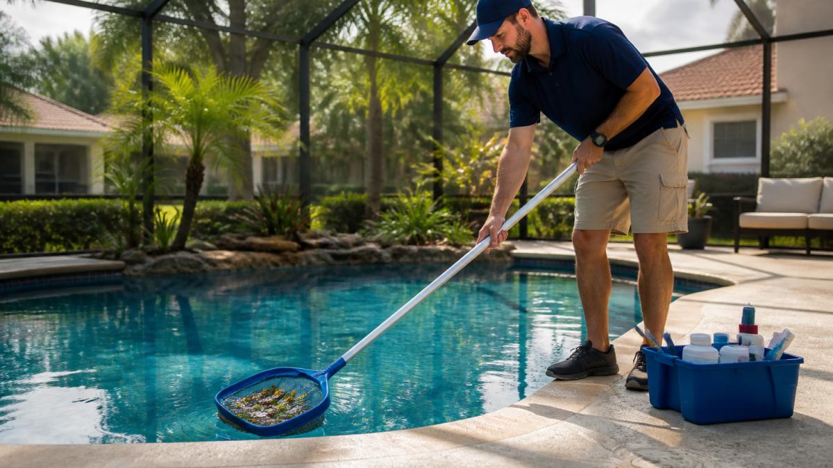 Technician skimming debris from a screened Florida pool to justify the weekly pool service cost in Florida