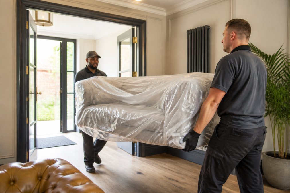Two delivery professionals in smart uniforms carefully carrying a wrapped sofa through a bright modern living room doorway, natural daylight streaming through windows