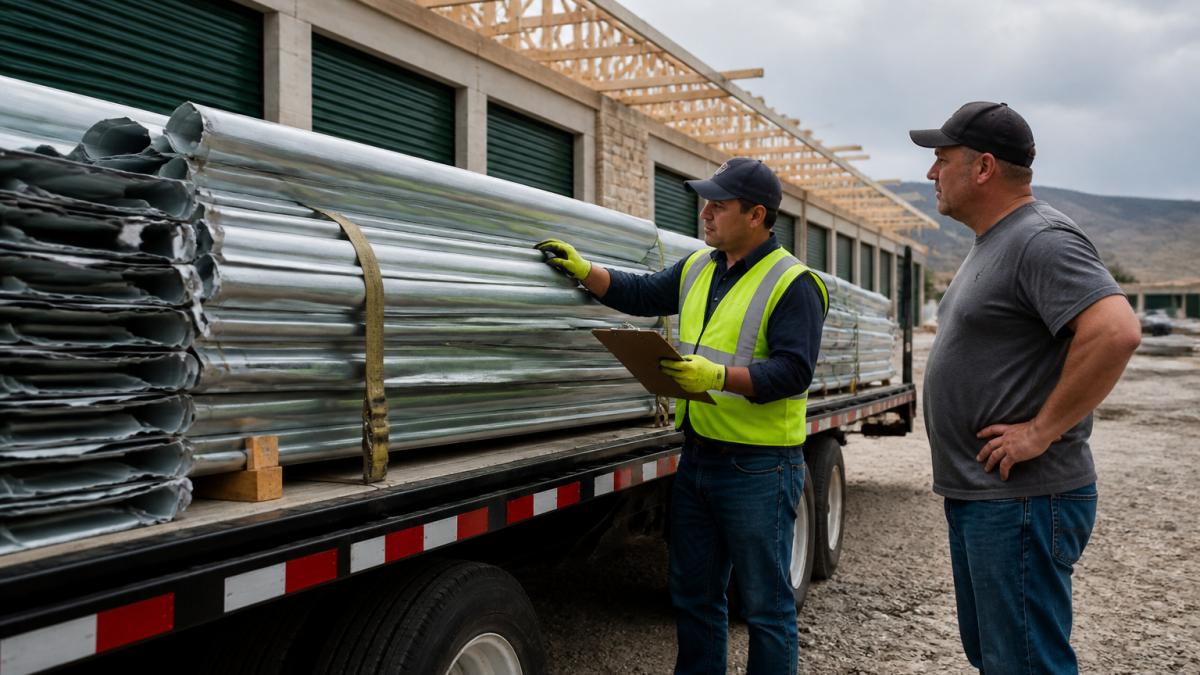 Contractor inspecting roll-up doors on a flatbed trailer to avoid door shipping costs due to freight damage