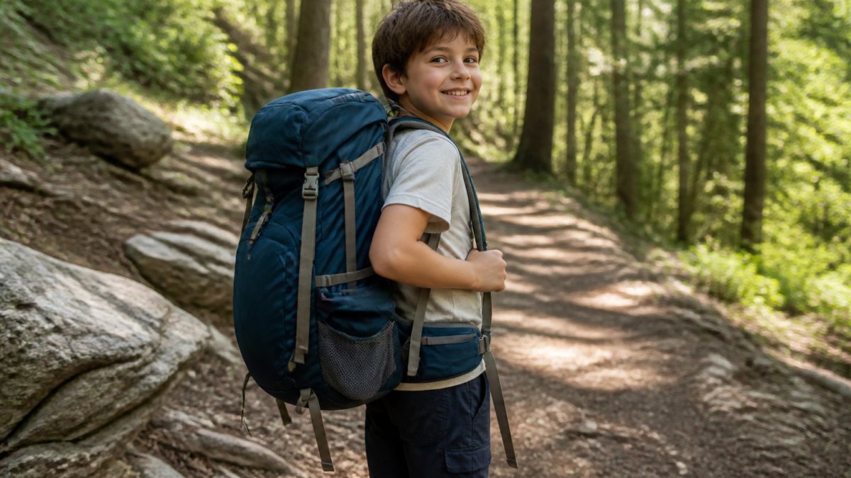 Child wearing properly fitted camping backpack outdoors on hiking trail, showing correct posture with pack sitting high on shoulders and hip belt secured, natural daylight through trees