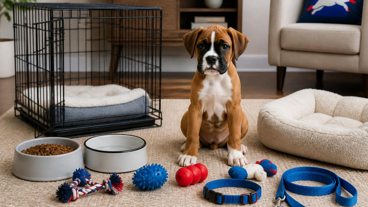 A puppy sitting in a living room with essential supplies for a new puppy, including a crate, bowls, and toys.