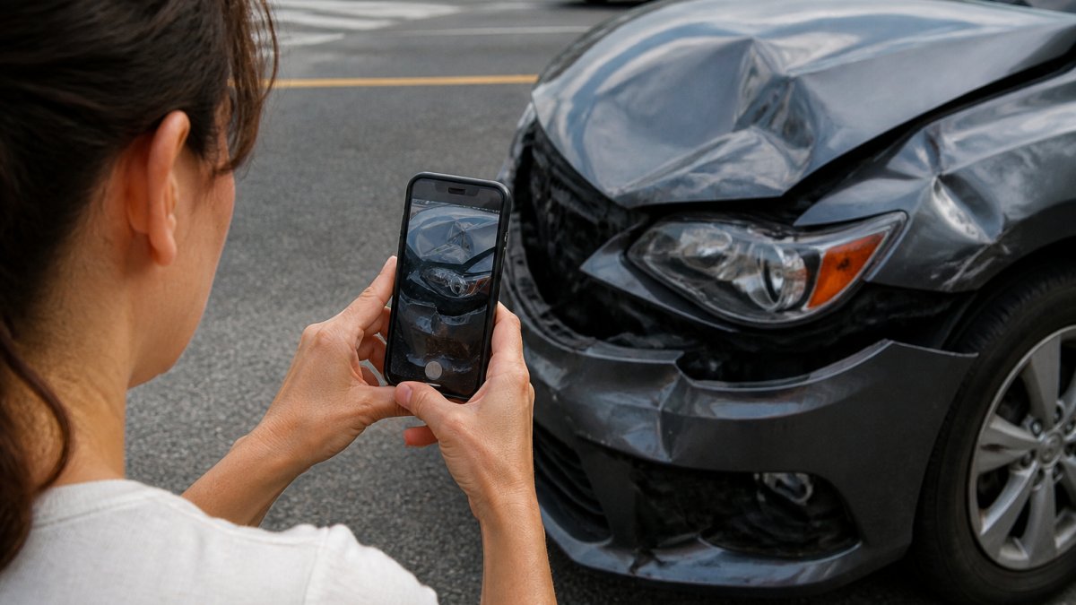 Infographic illustrating the process of photographing vehicle damage as what evidence is needed for a car accident claim.