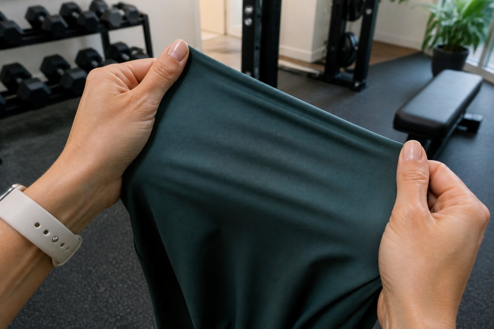 Close-up of hands stretching a soft nylon spandex activewear fabric between fingers, showing four-way stretch and smooth texture in a bright home gym setting