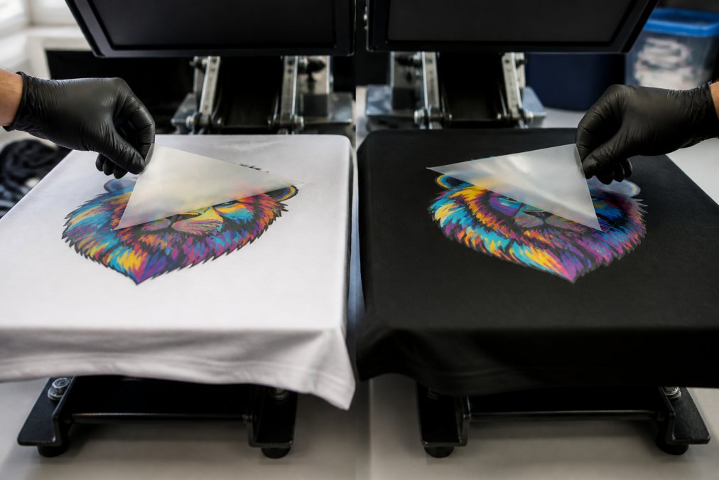 Close-up of a gloved hand peeling a DTF transfer film off a cotton t-shirt on a heat press platen, print shop lighting, visible vibrant graphic