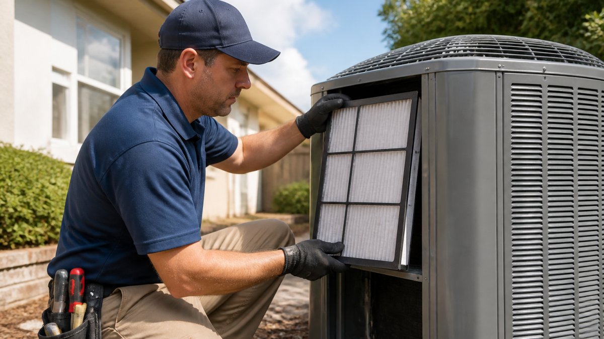 Professional HVAC technician in uniform performing routine maintenance on a residential air conditioning unit, checking and replacing filters outdoors on a sunny day with blue sky background