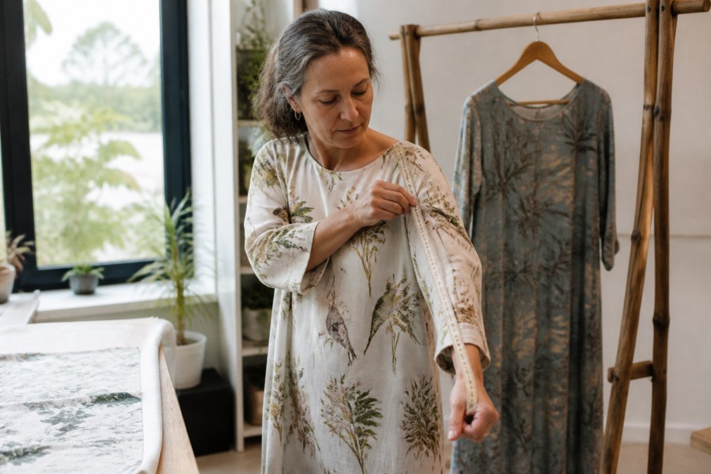 Woman in her fifties measuring a linen dress for an actually sustainable capsule wardrobe in a home studio