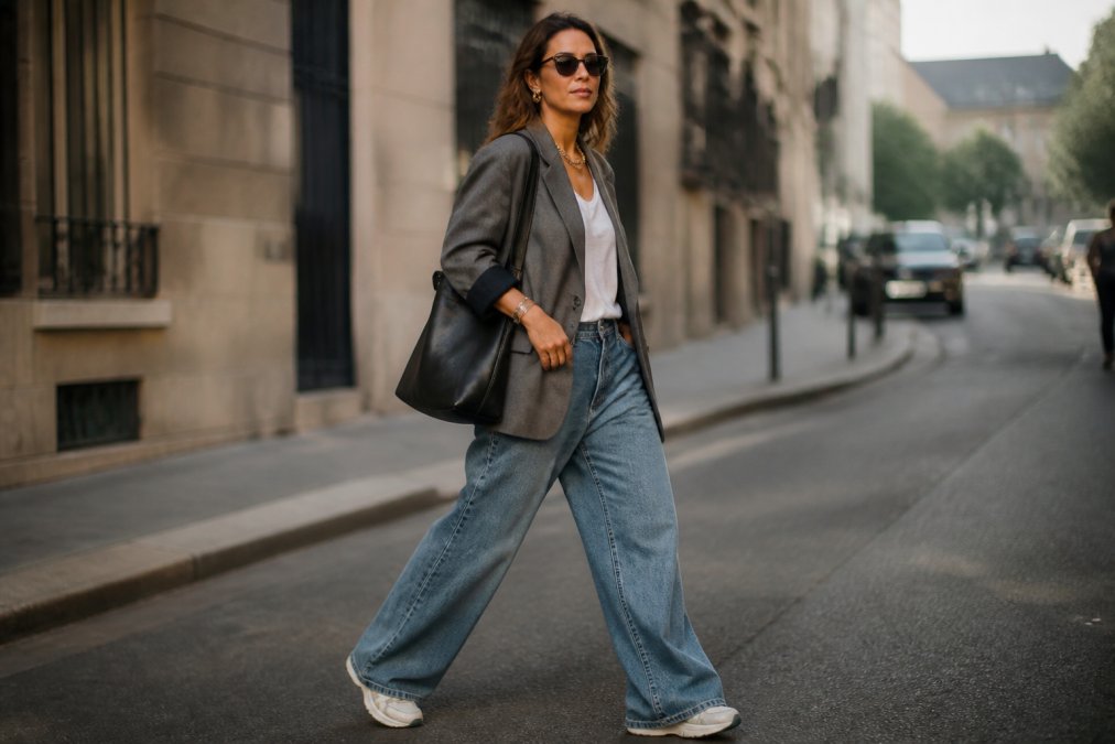 A woman in her mid-thirties walking a city street wearing an oversized blazer, wide-leg jeans, and chunky sneakers, looking effortlessly stylish, with blurred urban background and soft afternoon light