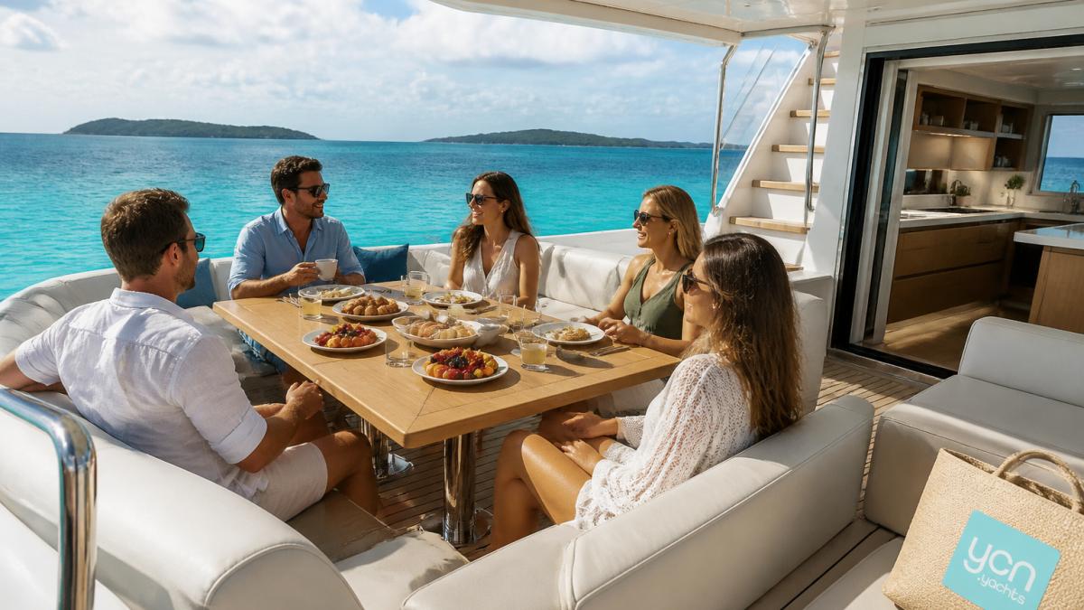 Guests relaxing on a wide aft deck of a power catamaran, with comfortable seating, dining table, and clear views of turquoise water and distant islands