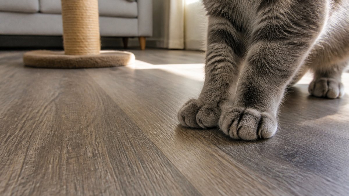 Cat claws resting on a wood-look vinyl plank floor in a sunlit room with a scratching post nearby