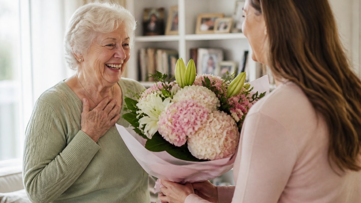 Smiling grandmother receiving a bouquet of birthday flowers from a family member in a sunlit living room