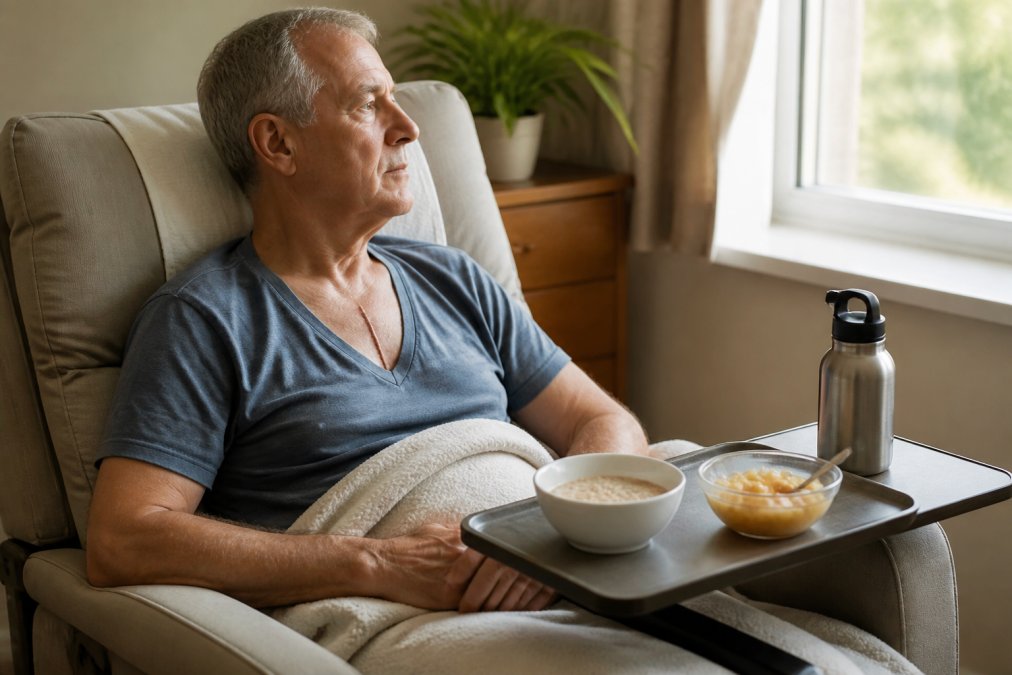 A heart surgery patient resting in a recliner by a sunny window, a small tray of soft food and a stainless steel water bottle on the side table beside them
