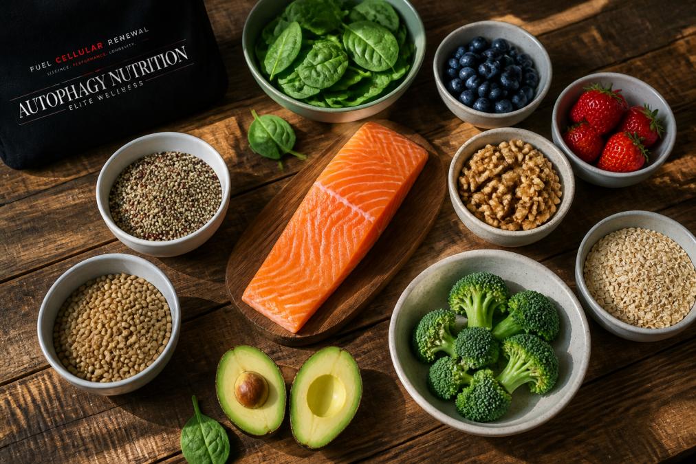 Infographic showing whole foods like salmon and greens that support cellular repair processes
