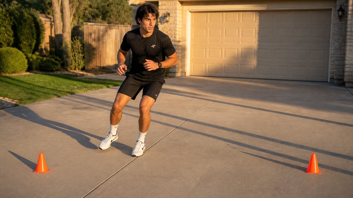 A beginner tennis player in athletic clothes practicing lateral shuffle steps between two orange cones in a driveway at home, late afternoon sunlight casting long shadows across the concrete