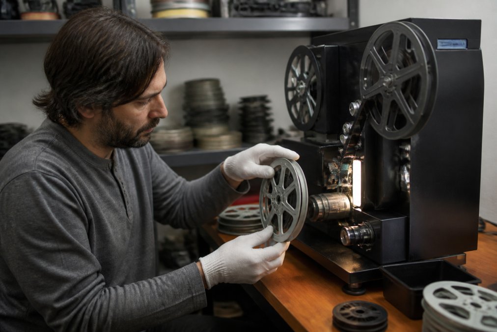 Technician carefully loading an 8mm film reel into a scanner to create digital home videos in a professional studio