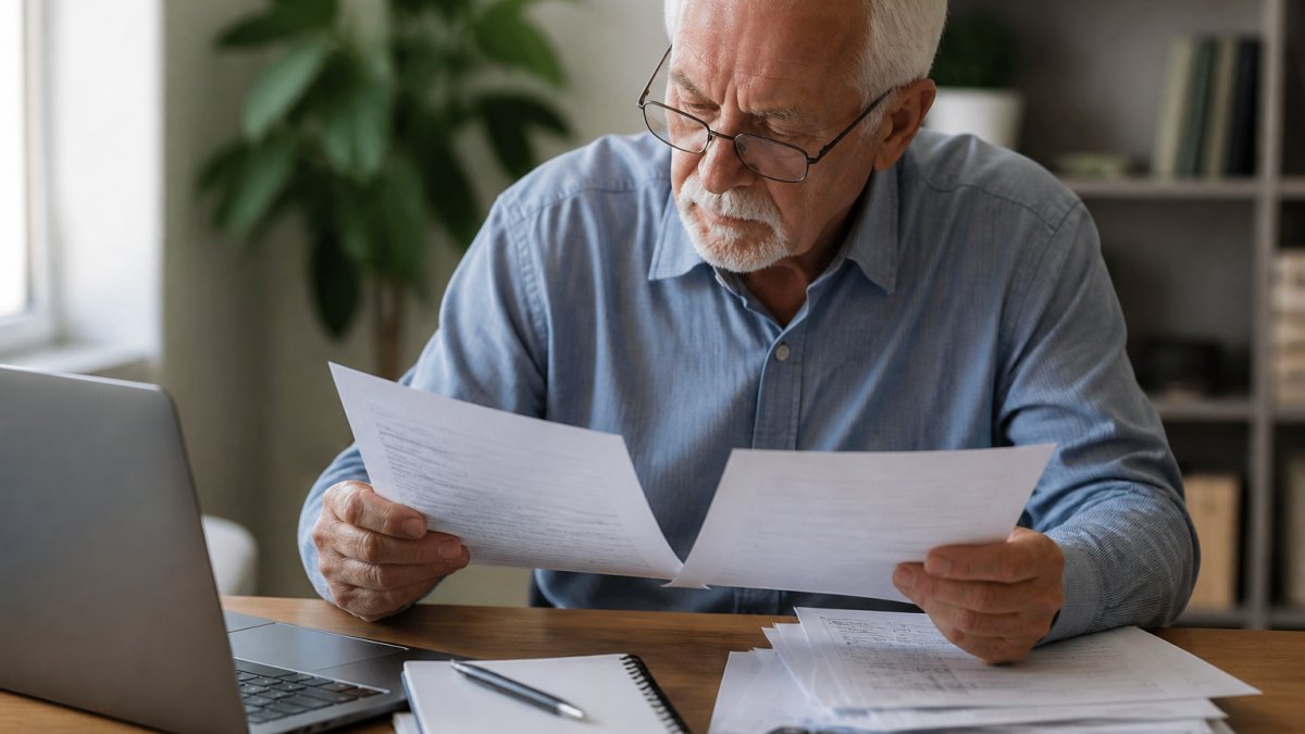Older adult wearing glasses reviewing Medicare Part B enrollment forms at a desk with a computer