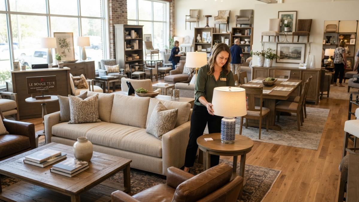 A well-lit consignment showroom with a mix of upholstered sofas, wooden dining tables, and accent chairs arranged in a lived-in layout, with a sales associate adjusting a lamp on a side table