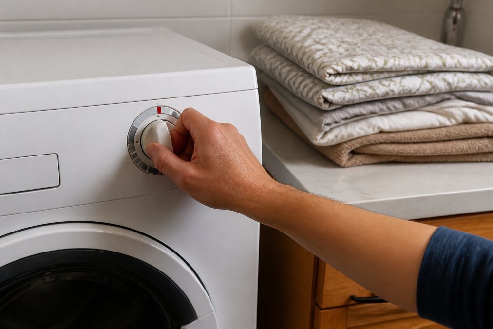 Close-up of a homeowner's hand adjusting a clothes dryer dial to high heat setting, with folded bed linens and upholstery visible on a laundry room counter, showing the practical application of thermal treatment
