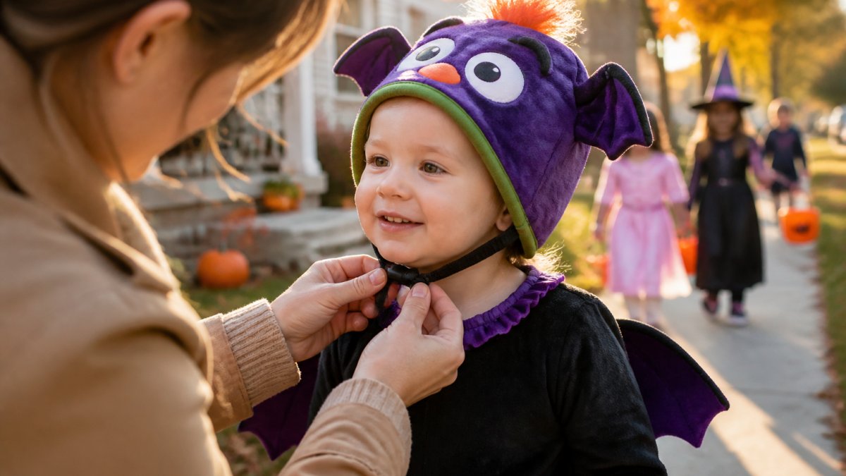 Smiling toddler in a secure Halloween hat trick-or-treating with friends in a neighborhood setting