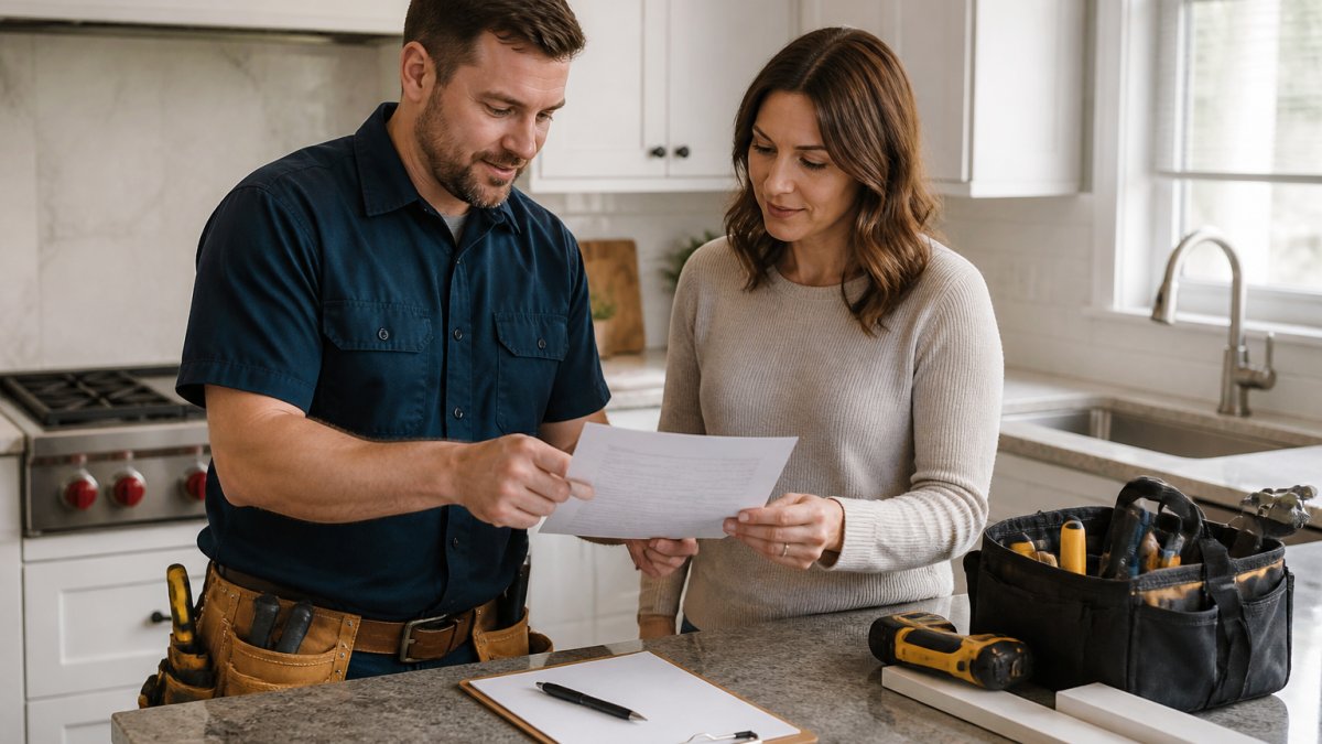 A homeowner and a handyman reviewing a printed warranty document together in a bright kitchen, both looking at the page with a clipboard and pen on the counter nearby