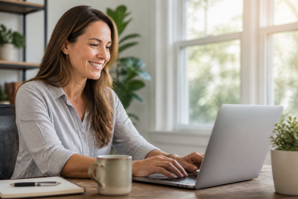 Woman in her late 30s working on a computer without glasses years after LASIK surgery