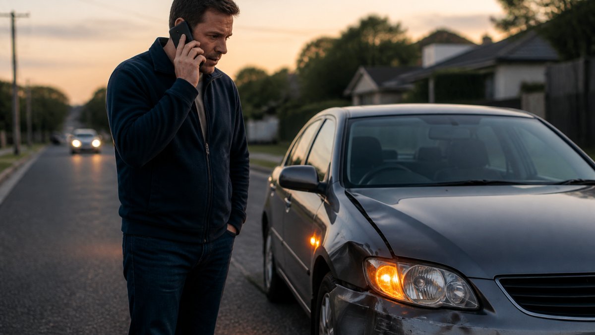 A driver standing beside a damaged car on a suburban road at dusk, hazard lights flashing, holding a phone to their ear while looking at the vehicle