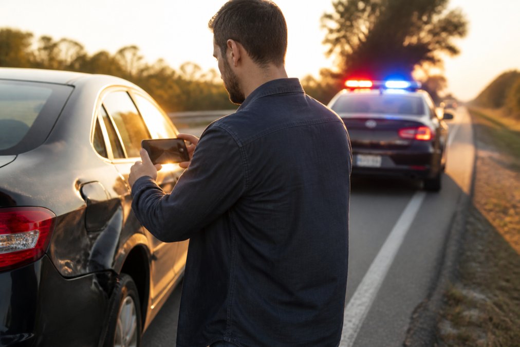 Driver photographing car damage for car accident injuries Tennessee documentation while police assist