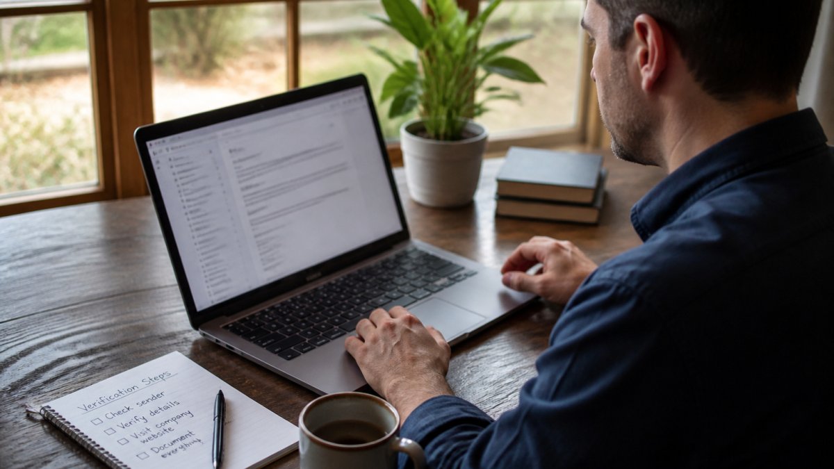 Professional at laptop checking email breach notification and verifying company website directly, with notepad listing verification steps nearby on desk