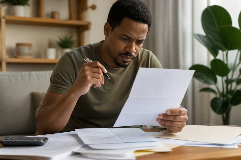 Person sitting at a desk with legal documents spread out, carefully reviewing a garnishment notice with a pen in hand, looking focused and concerned
