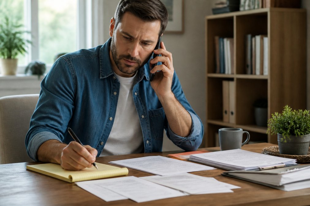 Person in a home office setting having a phone call, taking notes on a pad, appearing to be discussing financial matters with focused concentration
