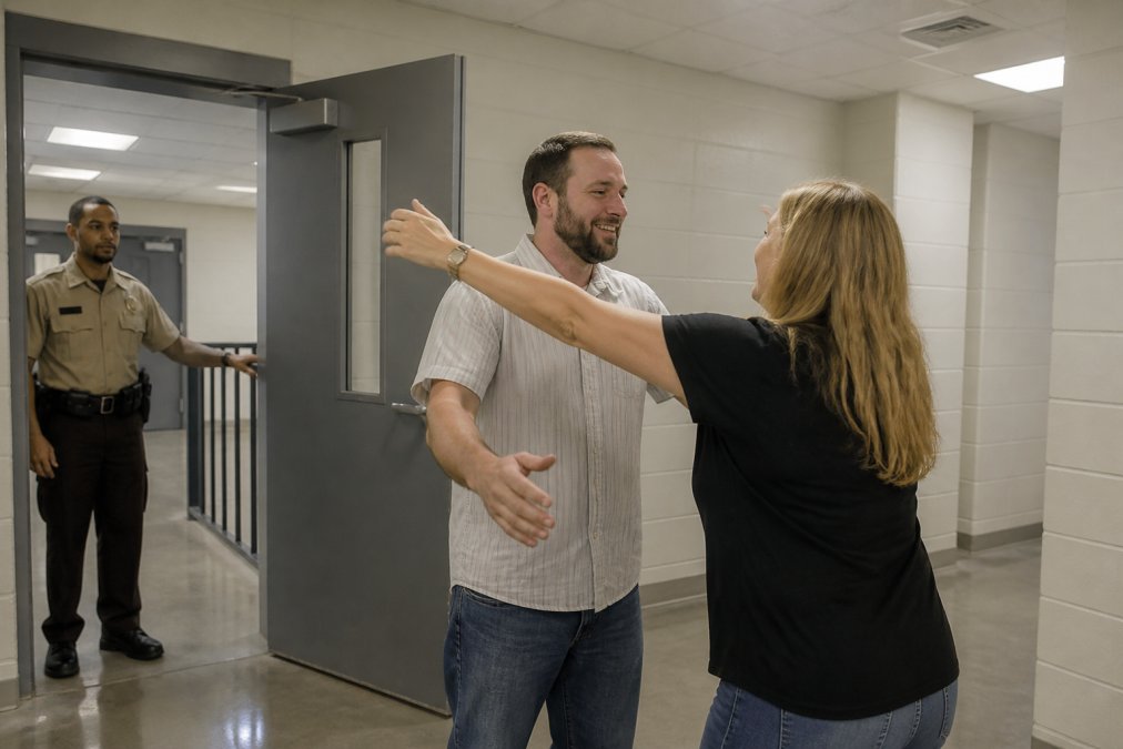 A person in civilian clothes walking through a secure jail lobby door where a family member waits with an embrace, fluorescent lighting overhead