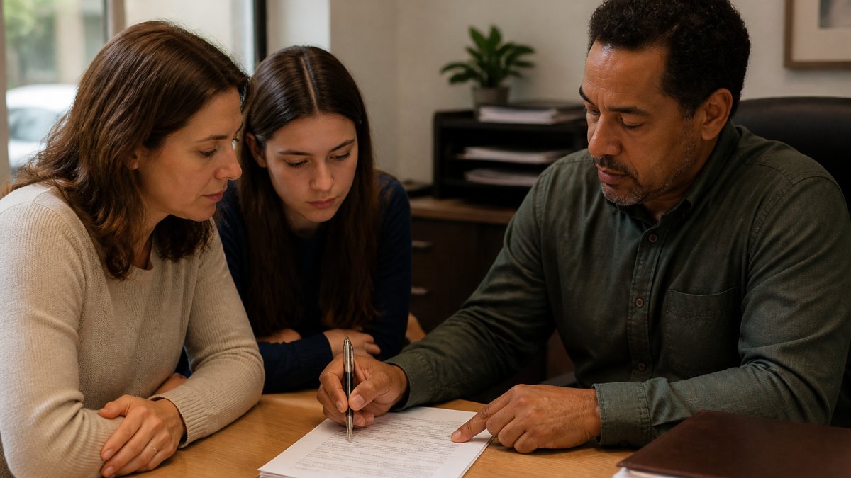 Family members reviewing bail paperwork together at a desk in a bright professional office setting