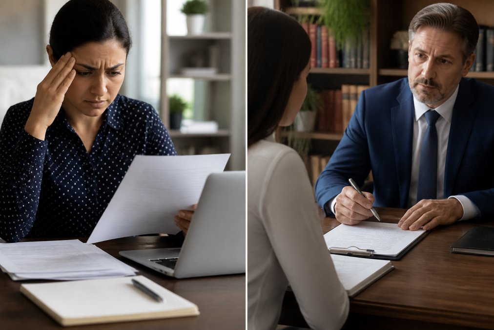 Professional sitting at a desk reviewing legal documents with a concerned expression, laptop and notepad visible, natural lighting from a window