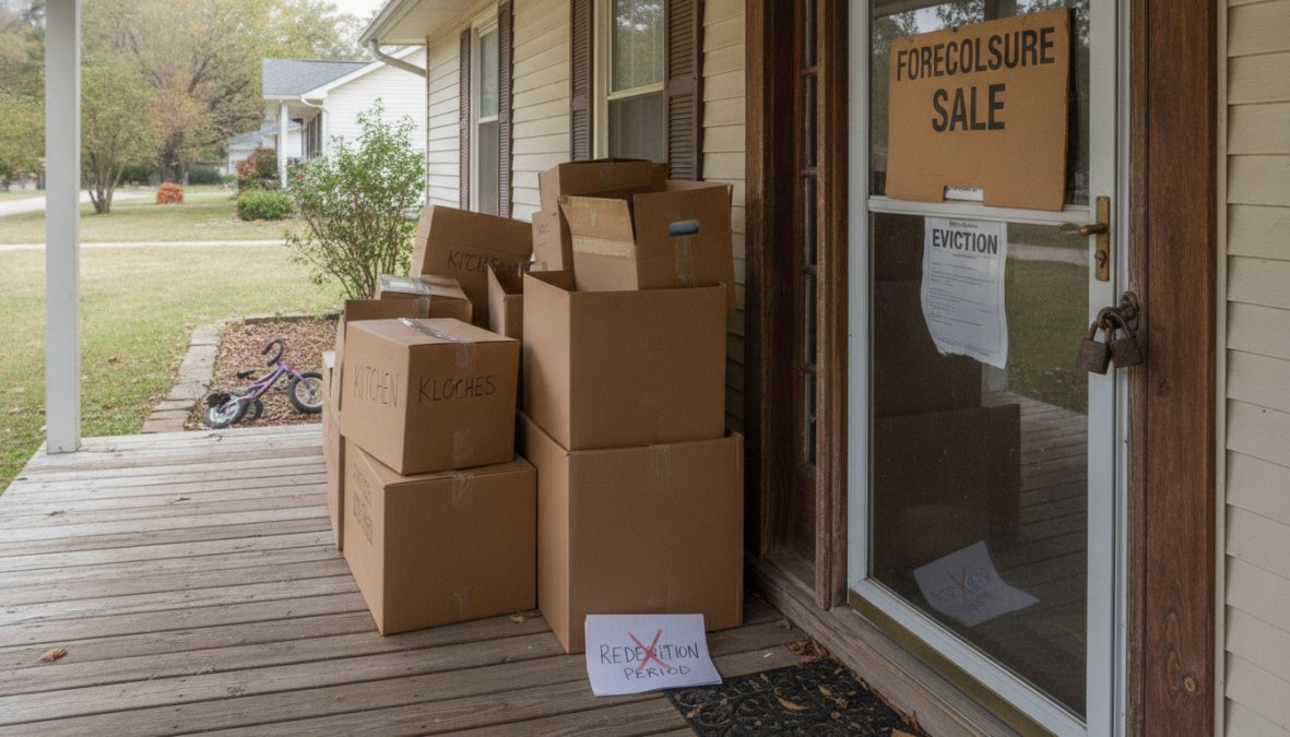 A moving truck parked in front of a suburban home with cardboard boxes stacked near the front door, overcast sky, conveying a difficult transition