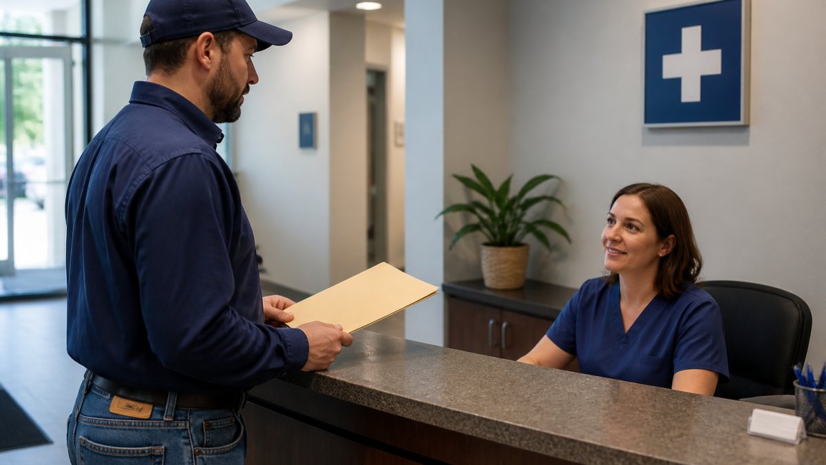 Professional CDL driver arriving at medical testing facility, checking in at front desk with documentation folder, clinic interior with medical signage visible