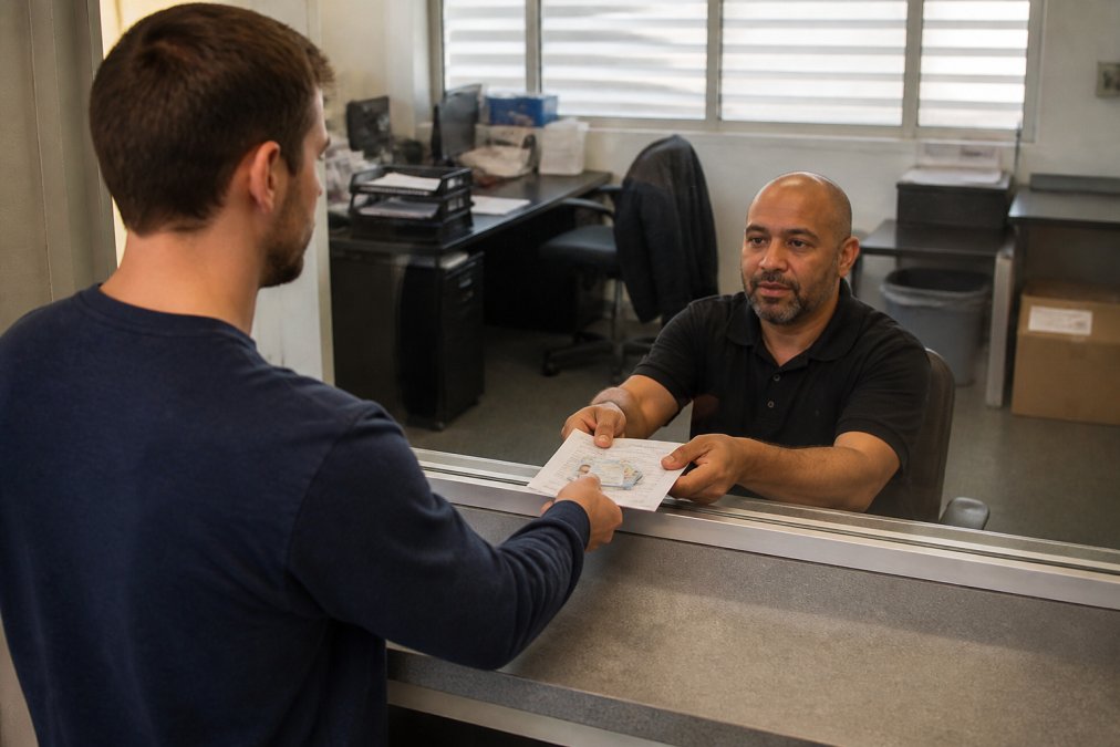 A person standing at an impound lot front desk handing over documents including a driver's license and vehicle registration to a staff member, fluorescent overhead lighting, concrete walls with posted fee schedules visible in the background