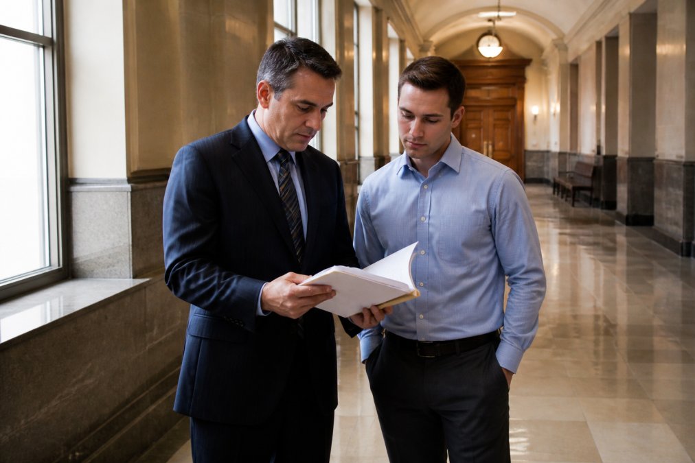 Defense attorney and client in business attire reviewing case documents together in a courthouse hallway before entering a hearing room, natural lighting from large windows