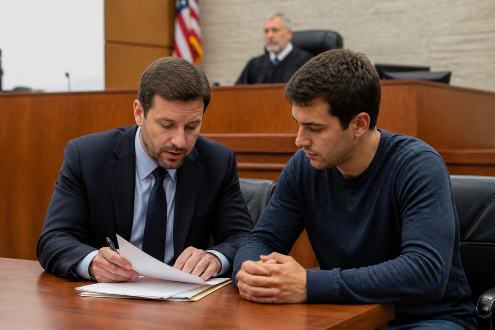 Criminal defense attorney in professional business suit sitting beside client at courtroom table, both reviewing documents, with judge's bench visible in background and natural courtroom lighting