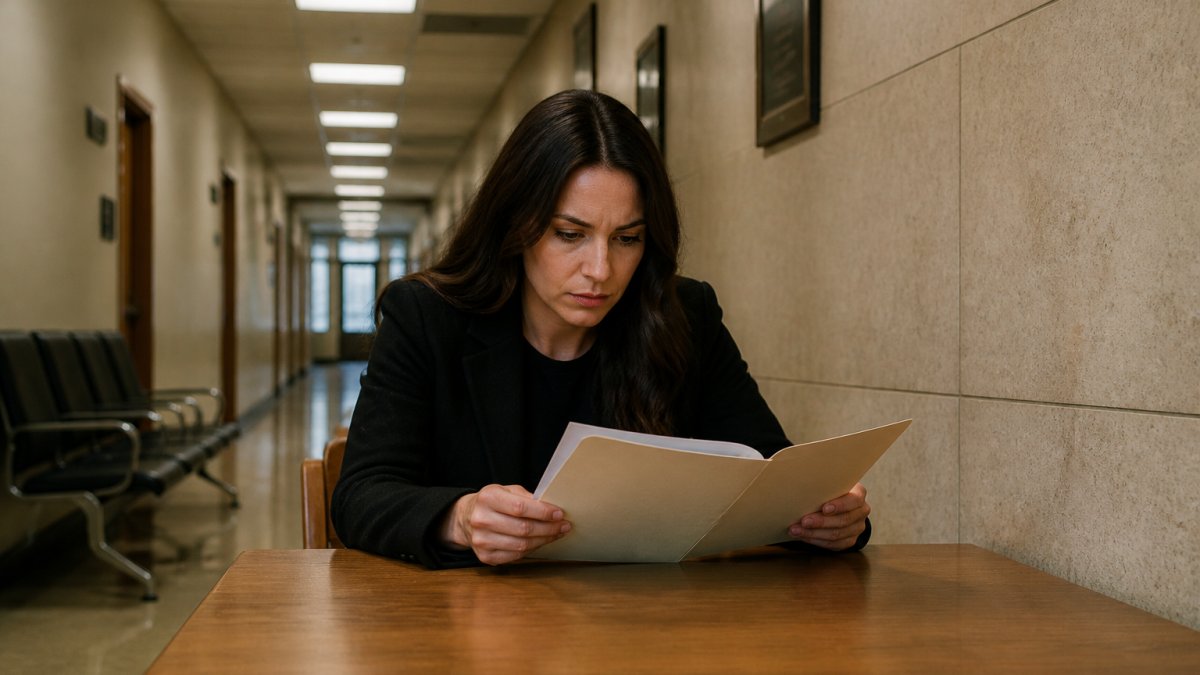 A person sitting alone at a wooden table in a courthouse hallway, reviewing papers in a manila folder under fluorescent lighting, waiting for a hearing