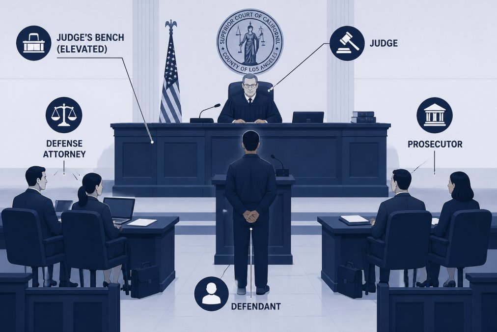 Interior view of a California courtroom showing the judge's bench elevated above the floor, attorney tables on either side, and a defendant standing before the judicial officer during proceedings, professional lighting