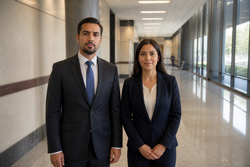 Professional man and woman dressed in business attire standing in a modern courthouse hallway, representing appropriate courtroom dress code
