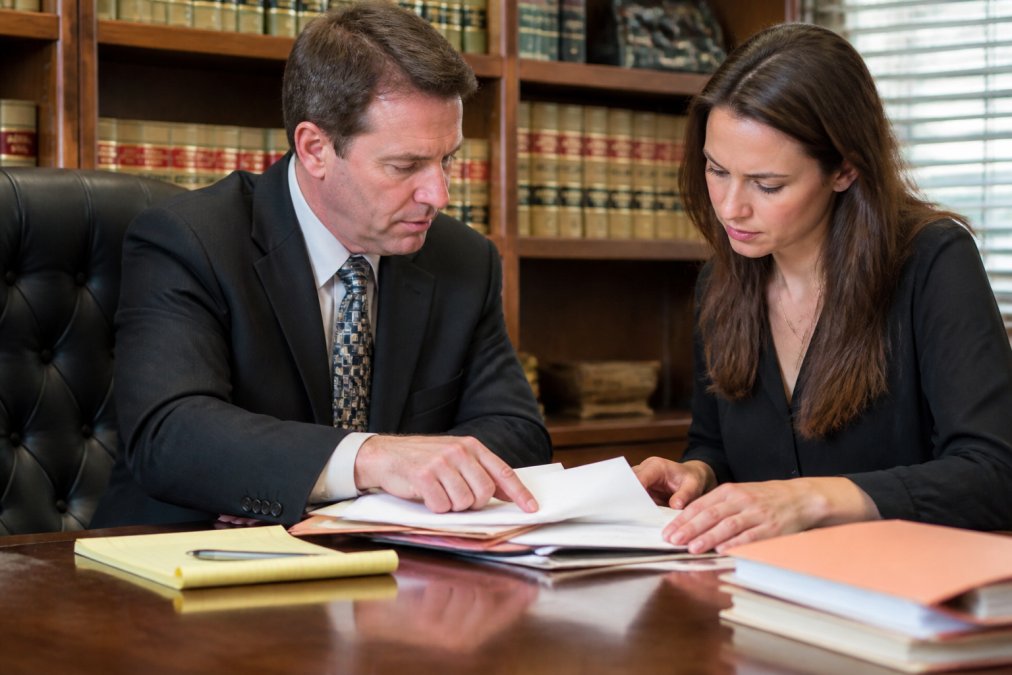 Defense attorney and client reviewing case documents and legal paperwork at a desk in a law office